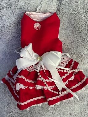 Red & White Pet Dress with Lace and Pearl Bow